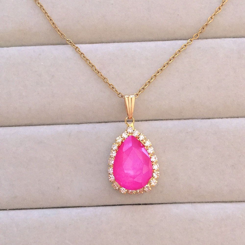 Hot Pink + Gold Crystal Halo Pear Drop Pendant Necklace - Picture 12 of 12